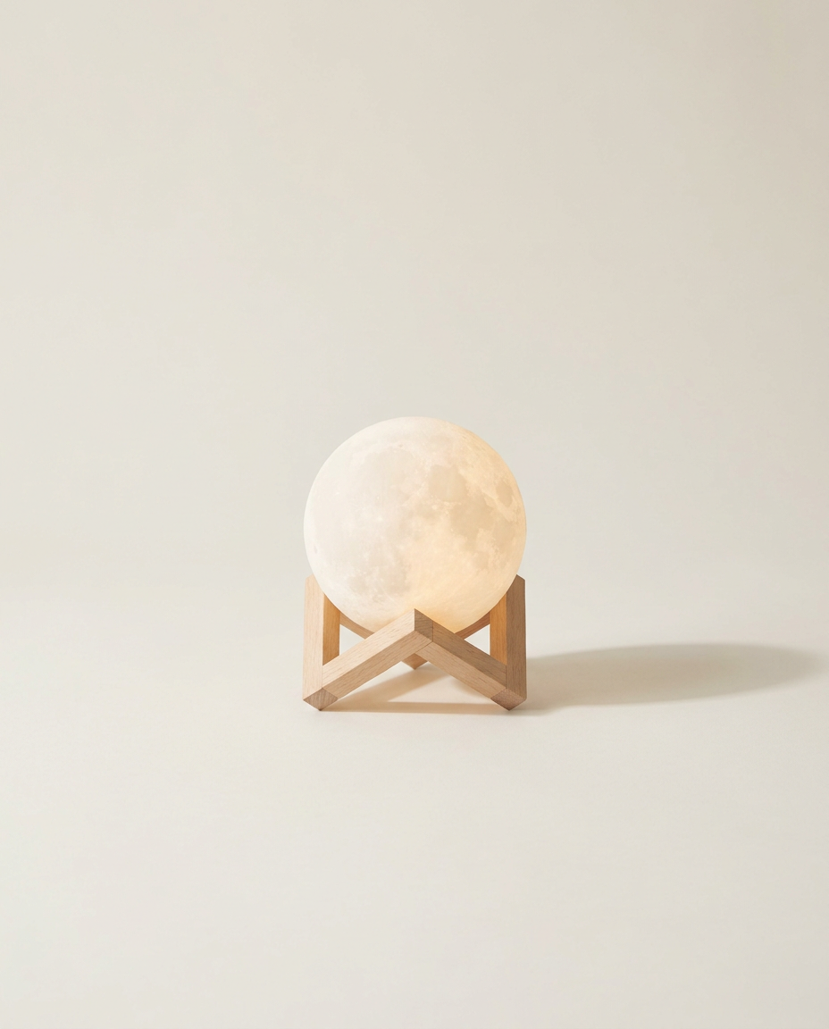 The Moon — Table Light, moon lamp on a light-wood stand against a bone backdrop